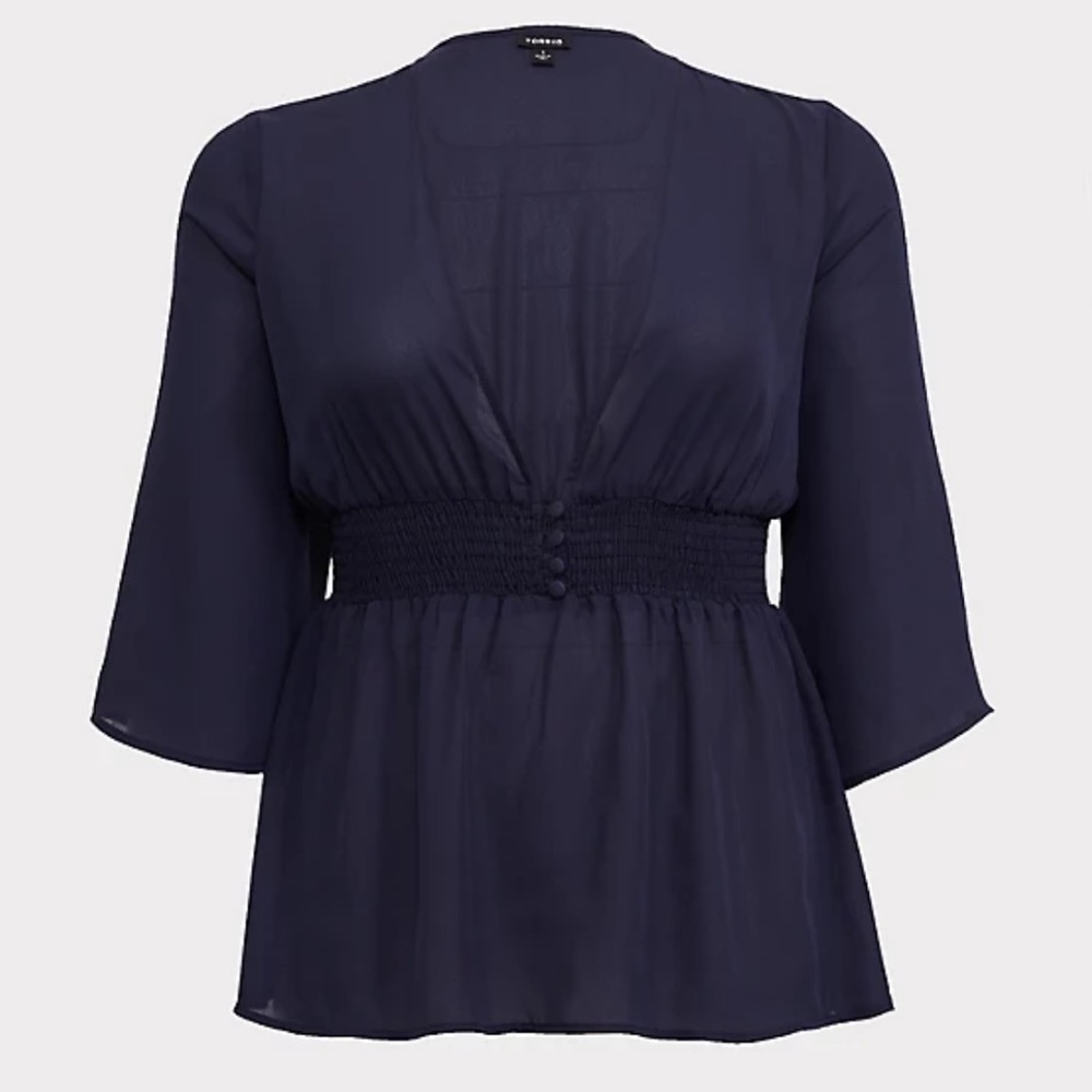 Torrid Navy Button Front Smocked Babydoll Blouse size 0x NWT